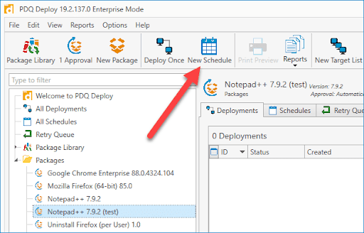 With the test deployment package selected, click on New Schedule