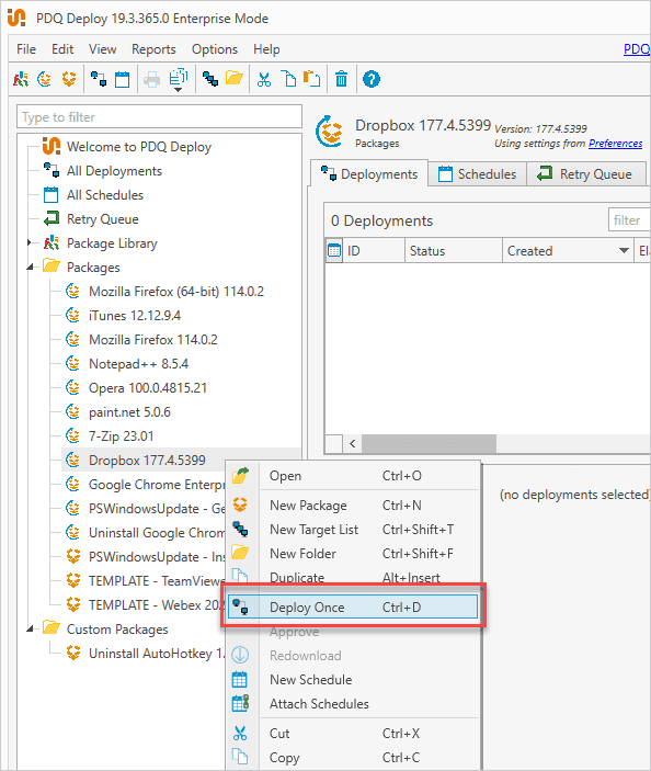 Deploy Once menu in PDQ Deploy targeting computers from PDQ Inventory collection