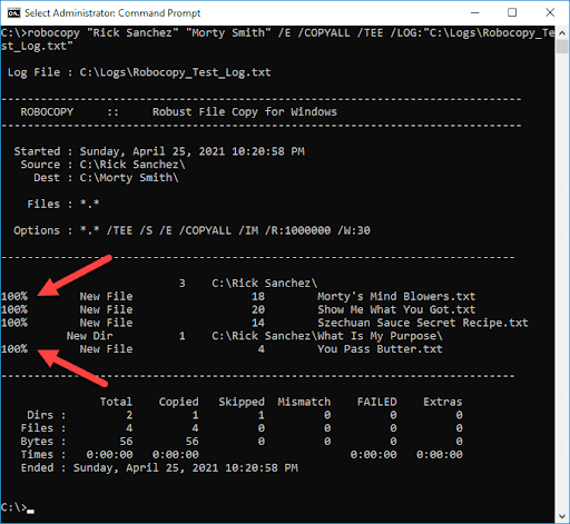 Screenshot of the Command Prompt showing what happens when you run the above code without the /L switch, explained in the following text.