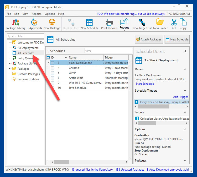 Reviewing all currently scheduled deployments using PDQ Deploy by selecting All Schedules