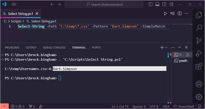 Searching for a string of text in a file with the Select-String command.