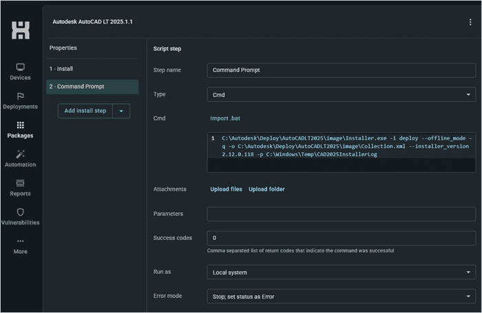 Creating a command step in PDQ Connect to start a silent Autodesk installation.