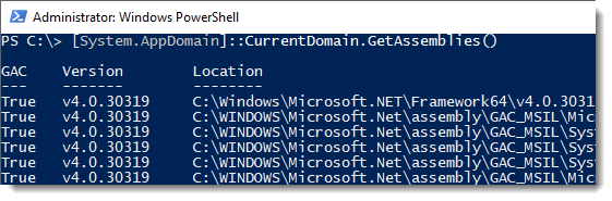 screenshot for [System.AppDomain]::CurrenDomain.GetAssemblies()