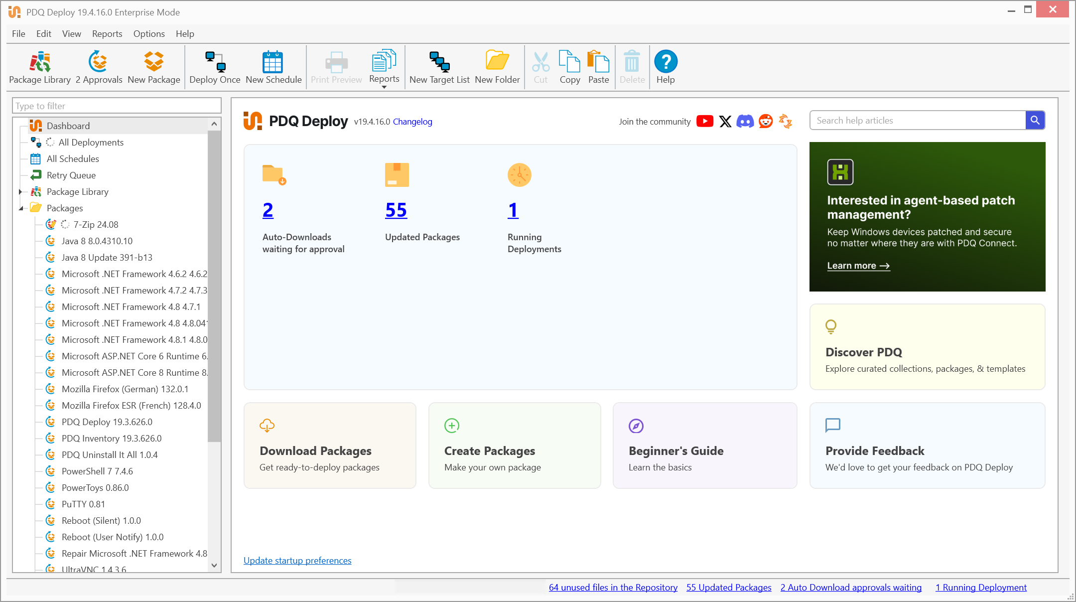 Screenshot of PDQ Deploy dashboard, showing data on auto-downloads waiting for approval, updated packages, and running deployments. 