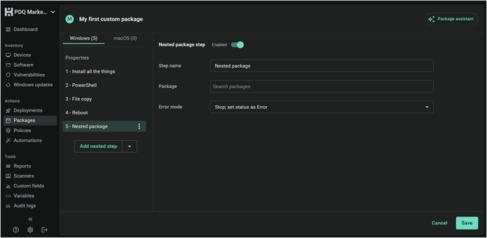 PDQ nested package step with package selection and error mode settings.