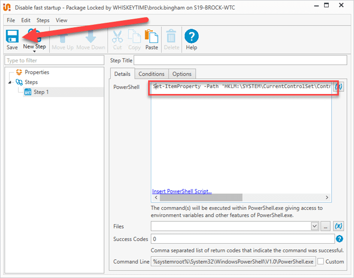Enter the PowerShell command, then save and close the package.