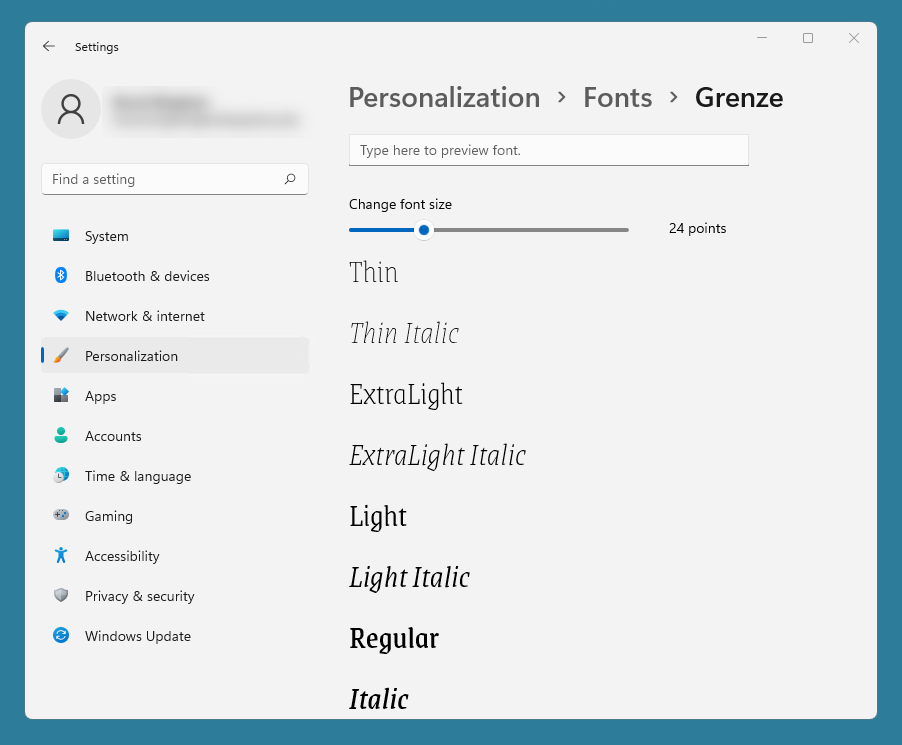 Viewing the installed font and its various font faces.