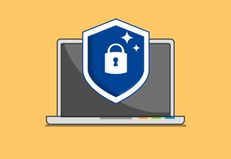 Illustration of computer with shield and lock that represents security