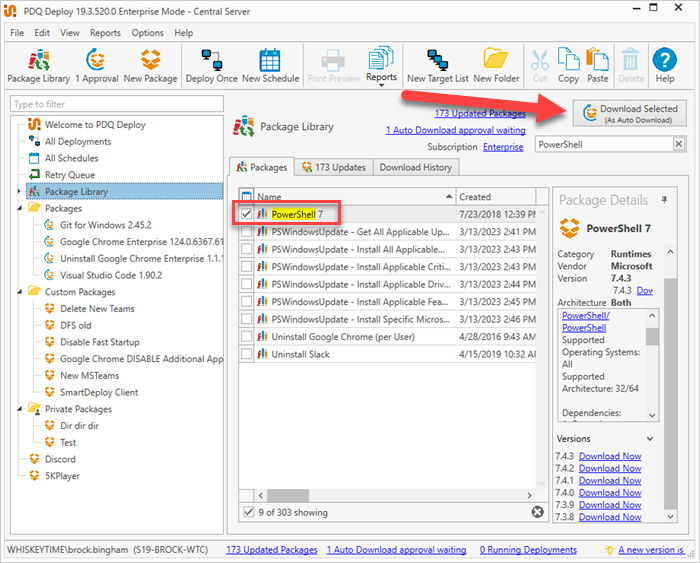 Downloading the PowerShell package from the Package Library in PDQ Deploy.