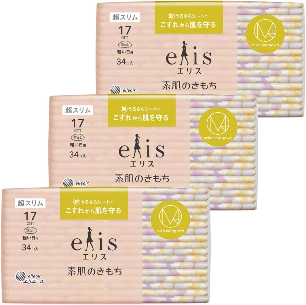 M / mika ninagawaコラボデザイン エリス「素肌のきもち 超スリム」羽なし 17cm(軽い日用)102枚(34枚×3パック)