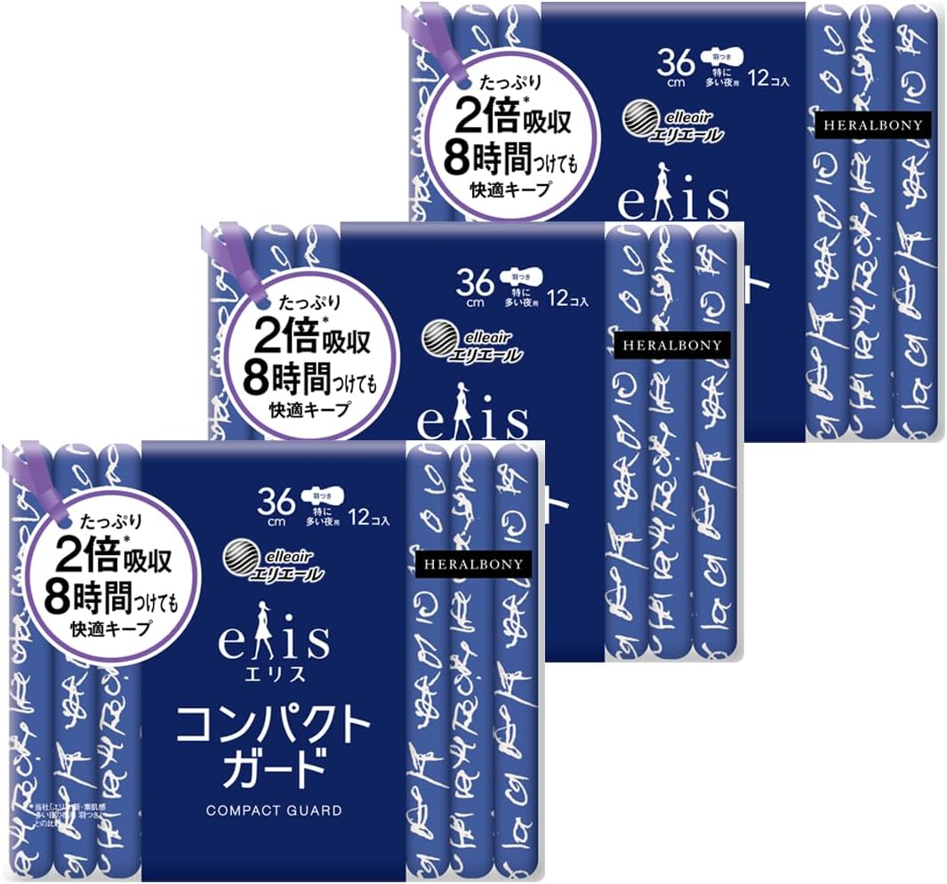 ≪ヘラルボニー企画品≫ エリスコンパクトガード 羽つき 36cm（特に多い夜用）12枚×3個