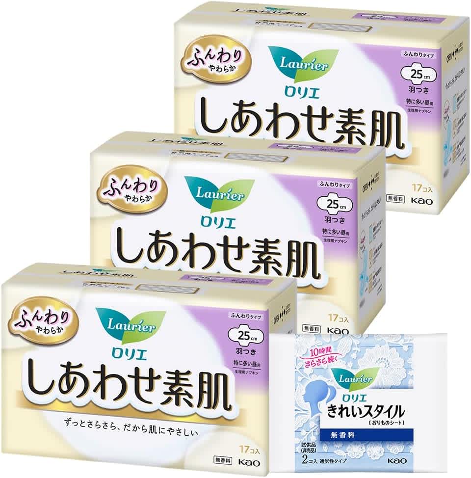 ロリエ しあわせ素肌 特に多い昼用 羽つき 25cm 17コ入 ×3セット+おまけ付き