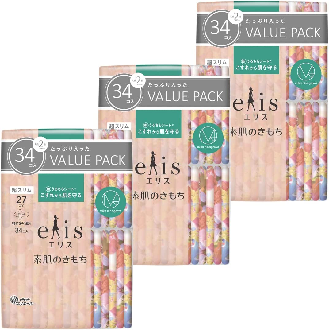 M / mika ninagawaコラボデザイン エリス「素肌のきもち 超スリム」羽つき 27cm(特に多い昼用)68枚(34枚×2パック)