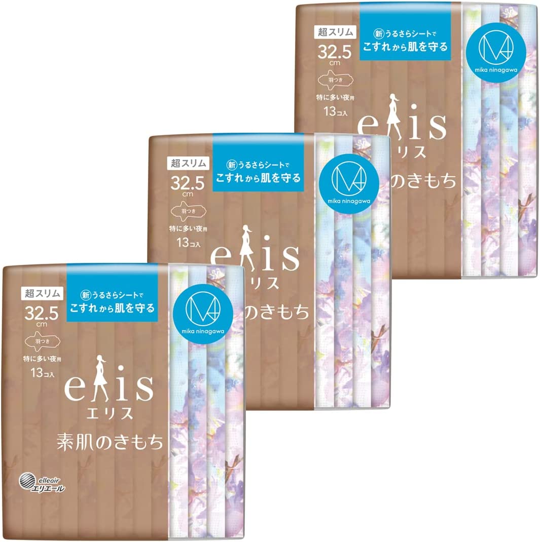 M / mika ninagawaコラボデザイン エリス「素肌のきもち 超スリム」羽つき 32.5cm(特に多い夜用)39枚(13枚×3パック)