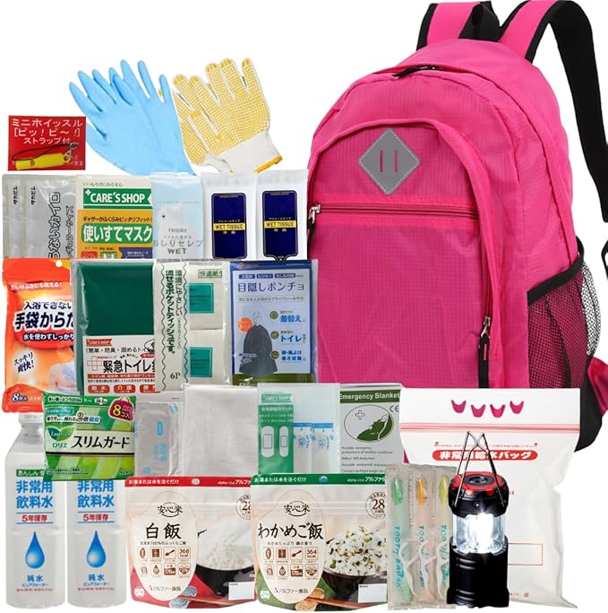 備えて安心 24点女性用防災基本 防災セット 避難 地震対策 保存食 非常用トイレ 保存食 保存水 水袋 口腔ケア ライト 防災グッズ (ピンク)