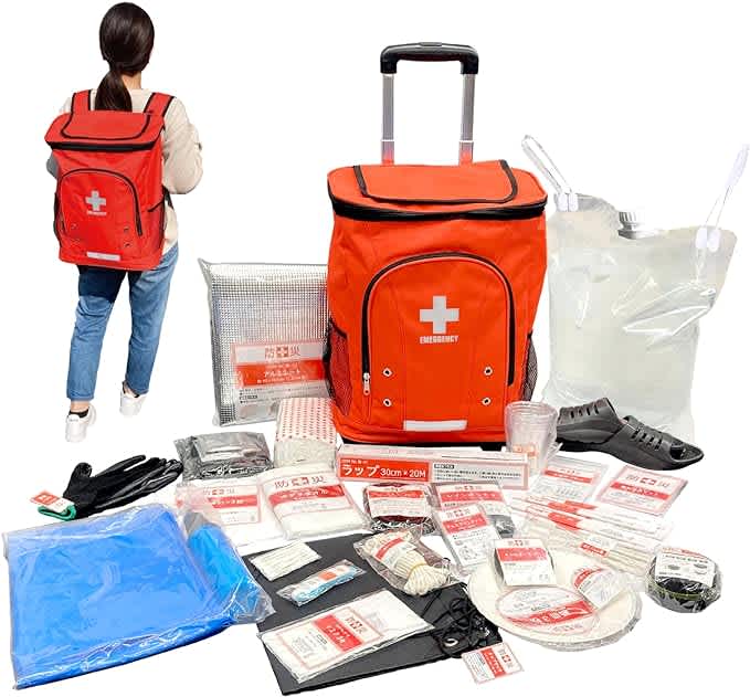 -山善- 防災リュック リュック&キャリー型 防災バッグ 30点 セット 一次避難用 給水バッグ 携帯用トイレ 大容量 オレンジ YKB-30R