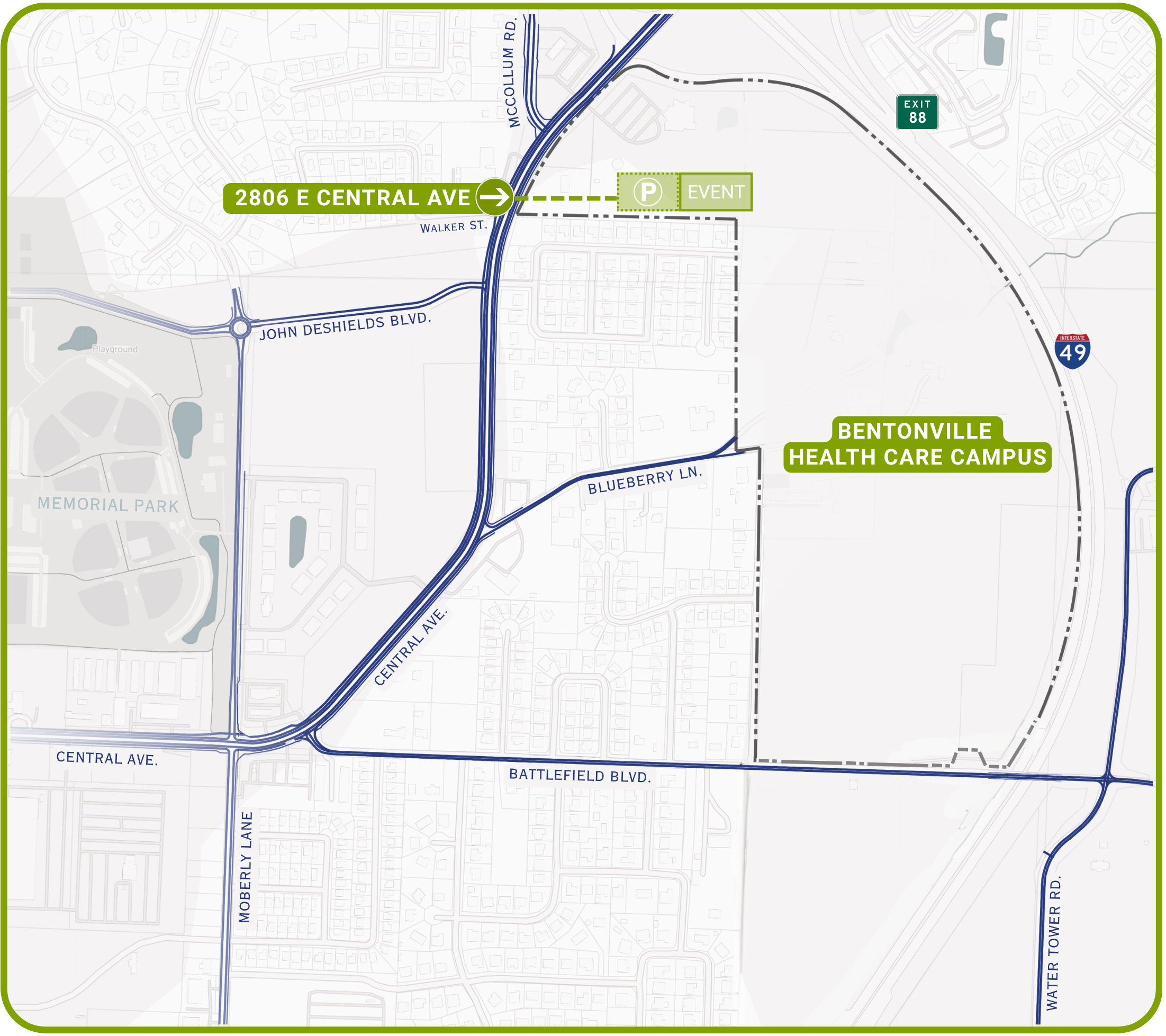 Bentonville Health Care Campus Location map showing 2806 E. Central Ave