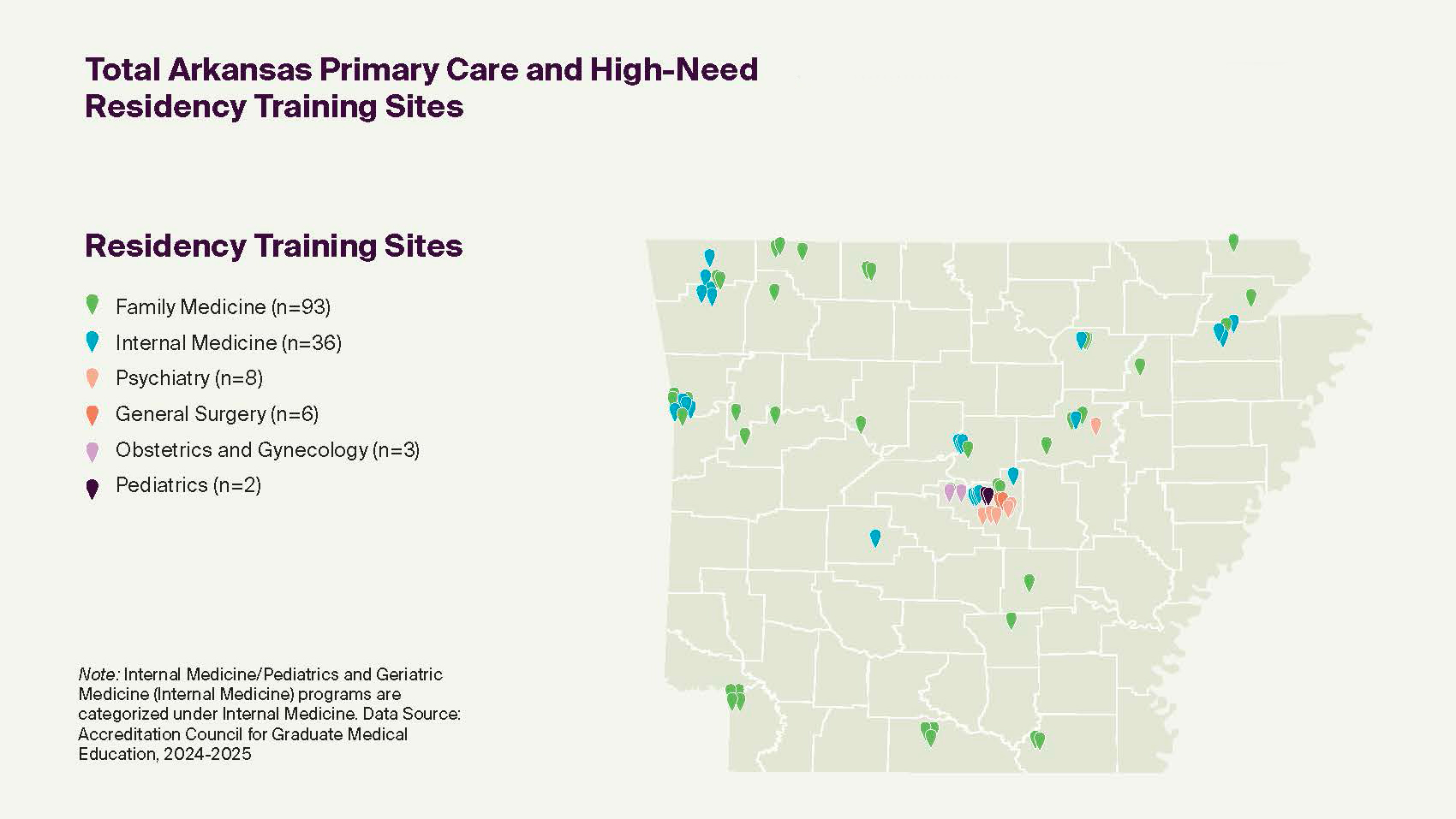 Map of total Arkansas primary care and high-need residency training sites