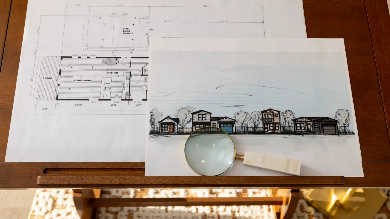 A close-up of a desk with a floor plan, an illustration of different home types, and a magnifying glass laying on top of it.