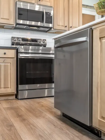 Energy efficient appliances in the kitchen of a new construction home.