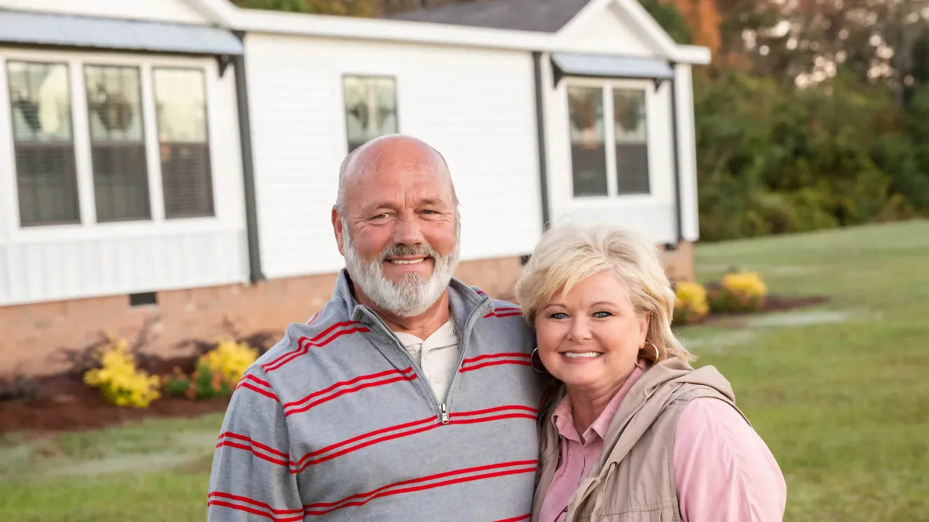 Couple stands in front of their manufactured home that has a farmhouse theme.