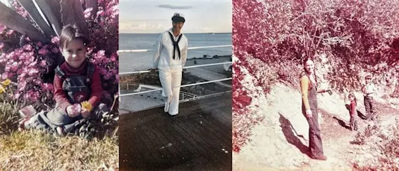 Three older photographs show in row: Lisa as a child sitting by flowers, Lisa as an adult in her navy uniform, and her mother walking outside during Lisa's childhood.