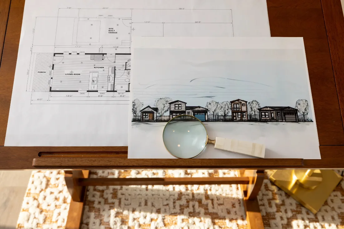 A close-up of a desk with a floor plan, an illustration of different home types, and a magnifying glass laying on top of it.
