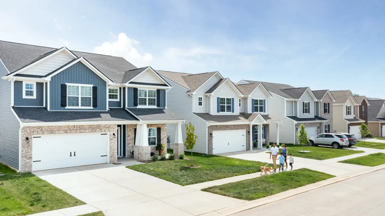 Aerial view of a family and their golden retriever walking along the sidewalk of a new construction neighborhood.