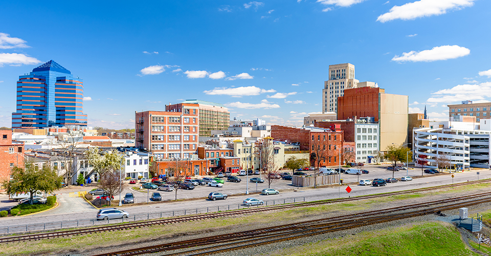 View of Durham from the train tracks.