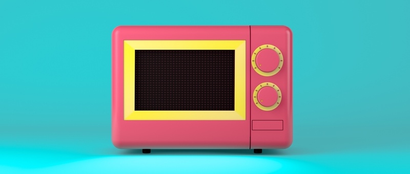 Realistic front view mock up of bright pink and yellow microwave machine against a green blue background.
