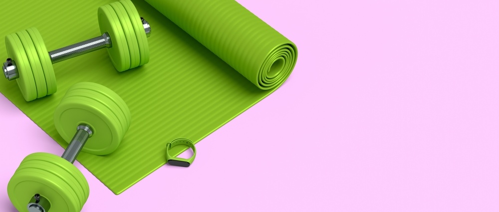 Isometric view of sport equipment like yoga mat, dumbbell, water bottle and smart watches on pink background. 3d render of power lifting and fitness concept