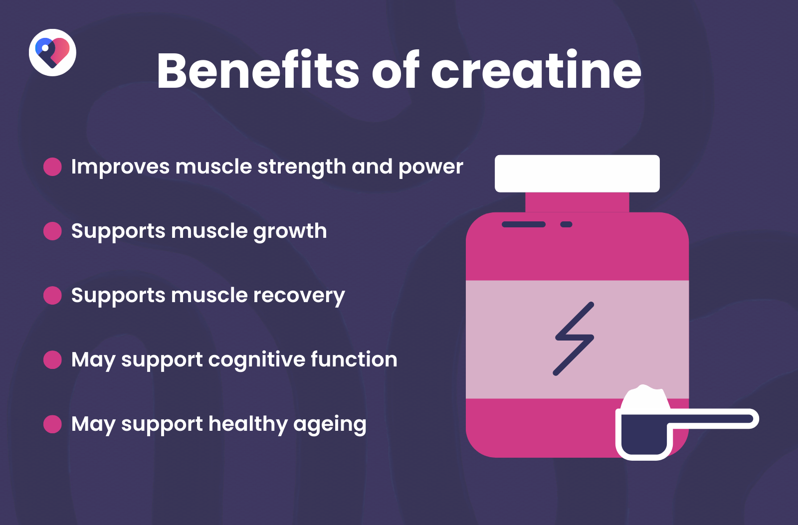 Infographic showing five key benefits of creatine with a pink supplement container illustration on a purple background.