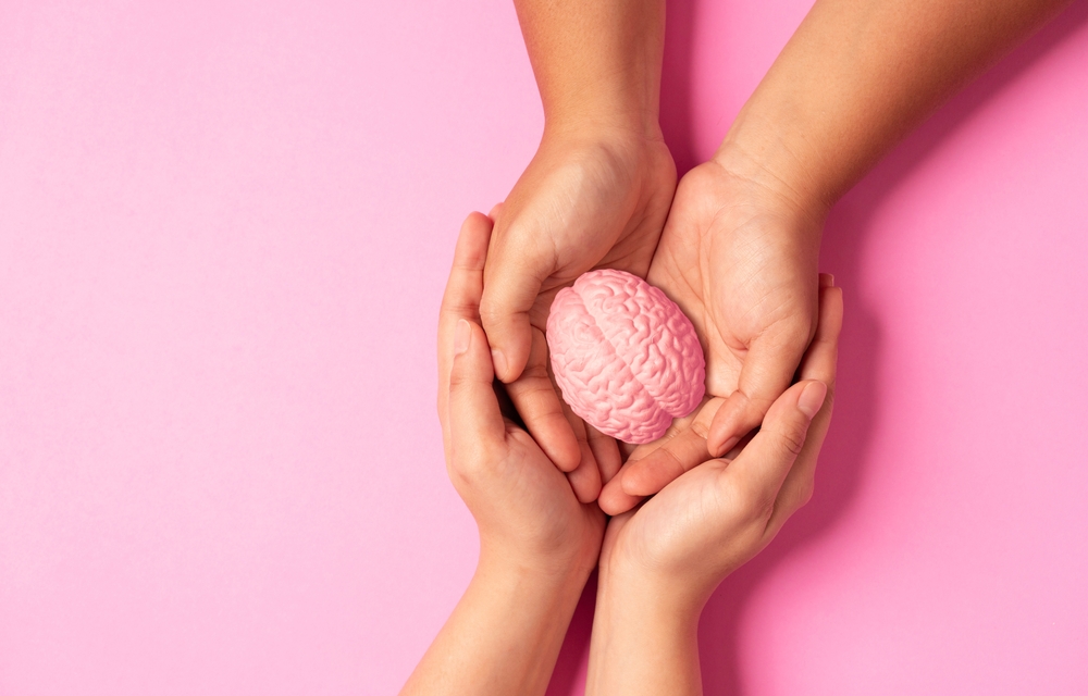 Two pairs of hands holding model of human brain against pink background.