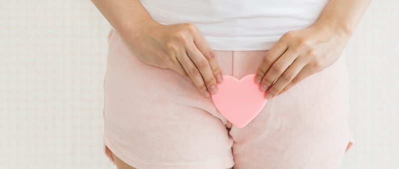A female figure wearing pale pink shorts and a white T-shirt holds a pink heart over her genital area against a pale pink and white criss-cross patterned background.