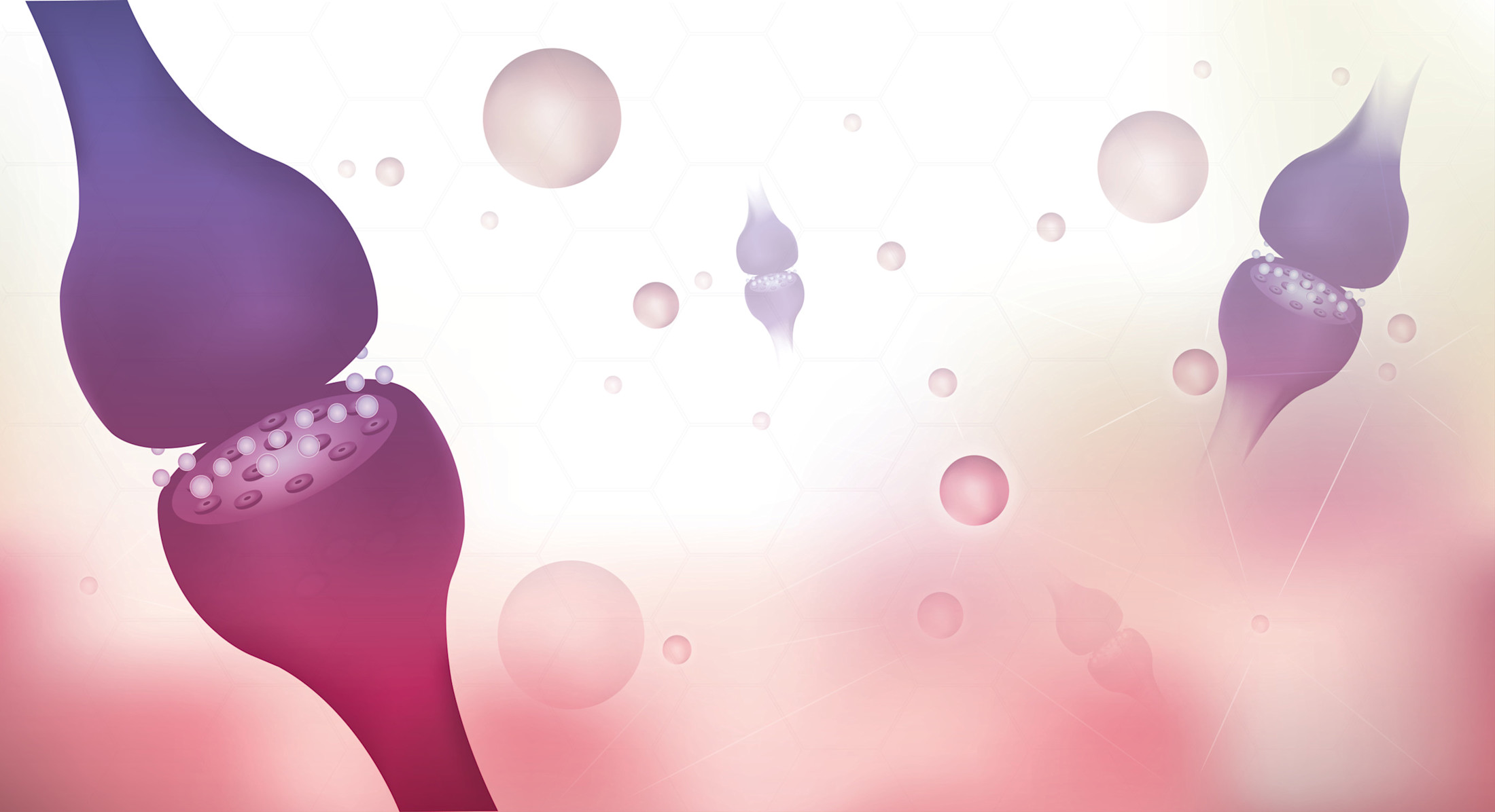 Abstract illustration of synaptic nerve connections in purple and pink tones.