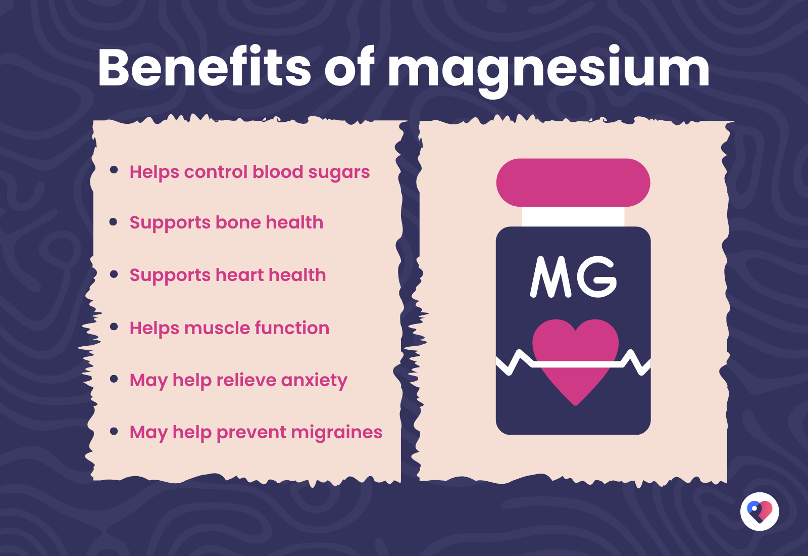 Infographic showing six health benefits of magnesium with its chemical symbol Mg in a hexagon on light blue background.