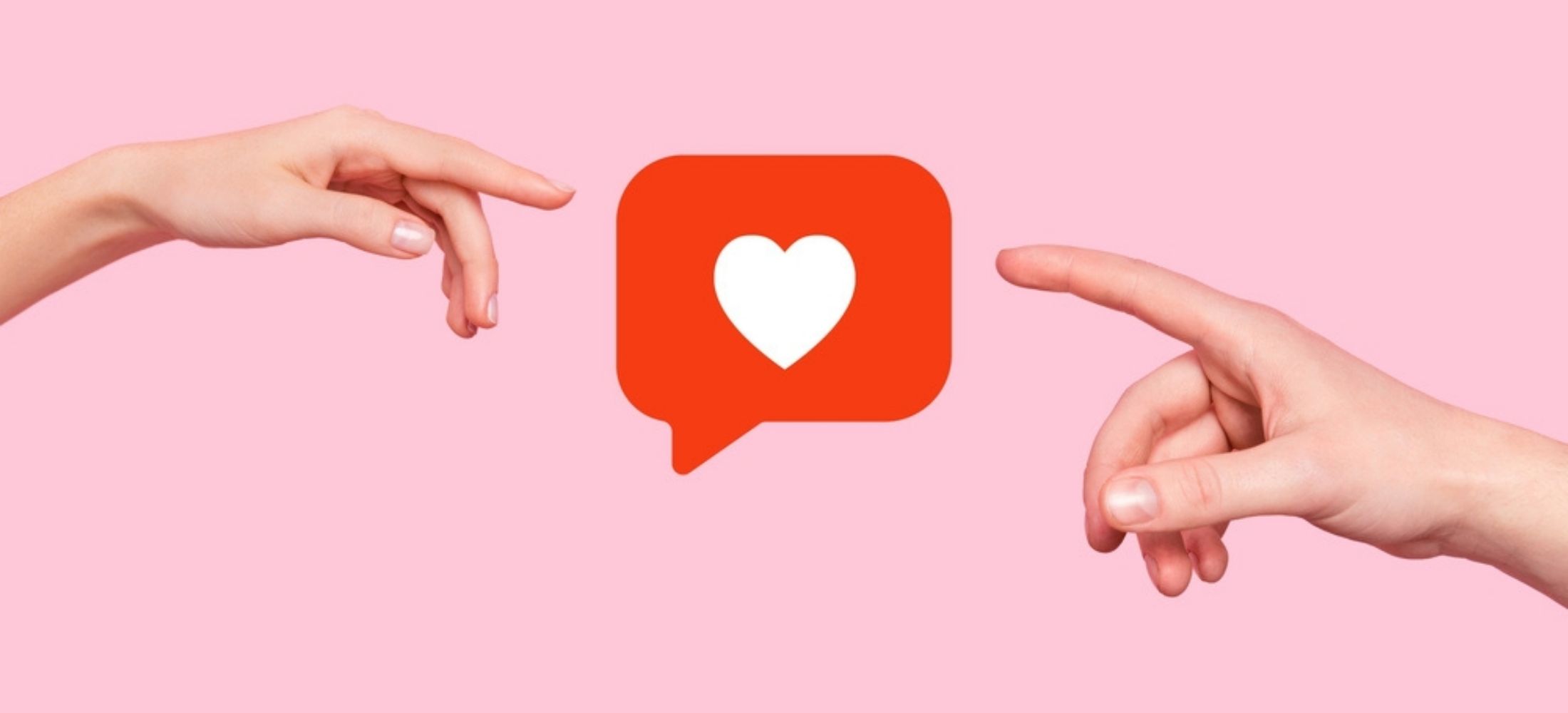 Hands reaching for heart notification against pink background.