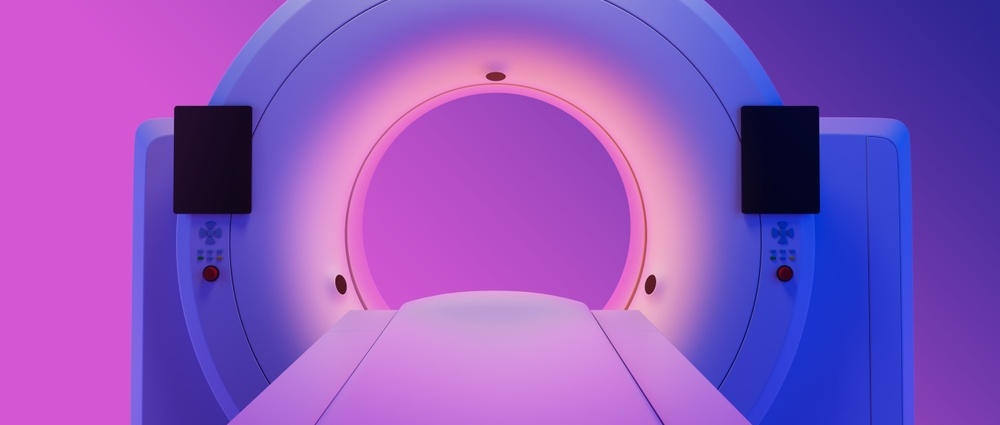 Modern MRI scanner machine with glowing neon lights in purple and blue tones, futuristic graphic style, on a gradient background, concept of advanced healthcare, 3D Rendering