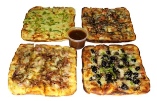 Combo of Mini Square Pizzas  BBQ  Chicken  Pepperoni  and  Chicken