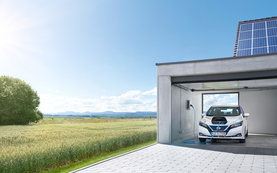 Elektroauto lädt in Garage mit Solaranlage.