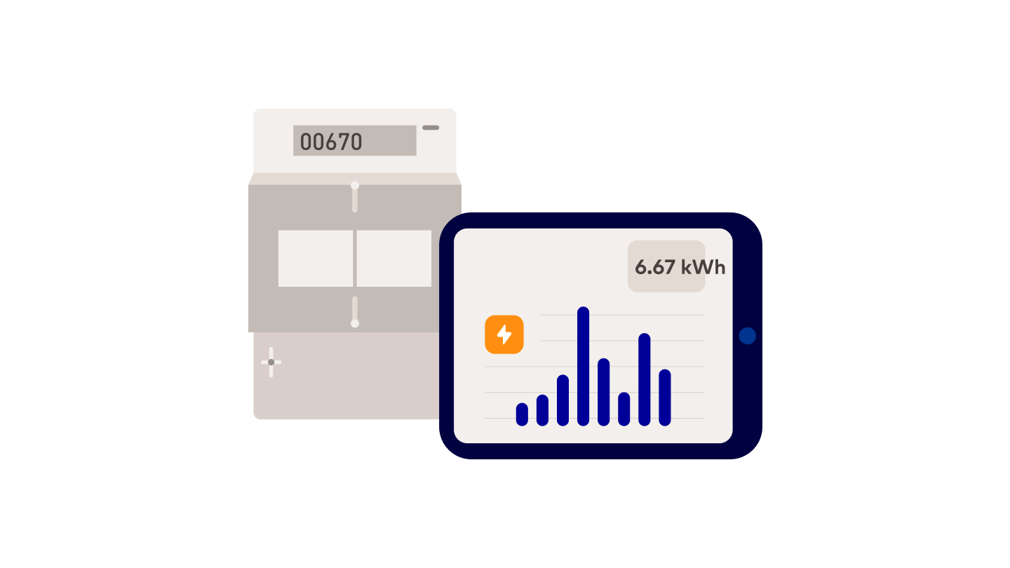 Illustration: Ein digitaler Stromzähler im Hintergrund, davor ein Tablet, das ein Balkendiagramm mit Energiedaten anzeigt.