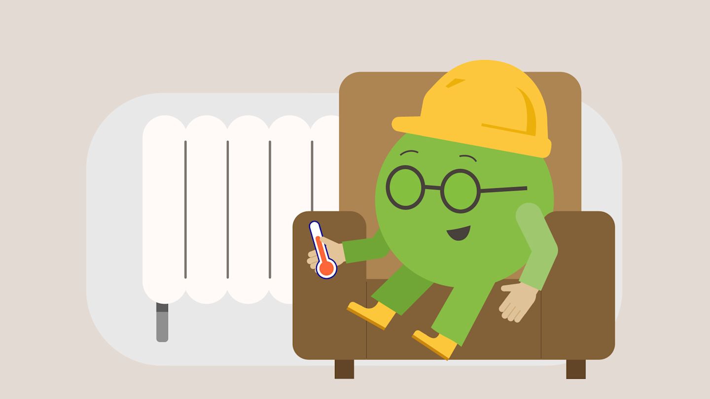 Der Energiewendelin, eine grüne Figur mit Helm, Brille und Thermometer in der Hand sitzt auf einem Sessel neben einer Heizung.