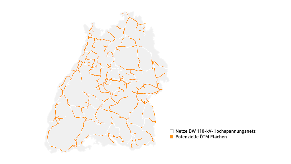 Karte Baden-Württemberg: Netze-BW-Hochspannungsleitungen als Linien mit hervorgehobenen potenziellen ÖTM-Flächen (Schraffur/Farbe).