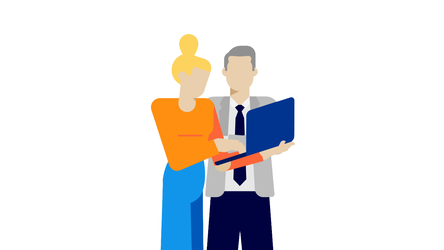 Illustration: Eine Frau steht neben einem Berater im Anzug und blickt gemeinsam auf einen Laptop.