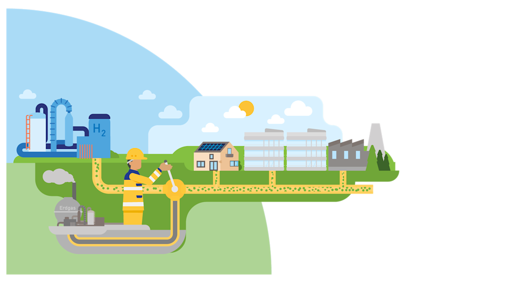 Illustrierte Darstellung eines Gasnetzes, welches ein Monteur auf Wasserstoff umstellt.