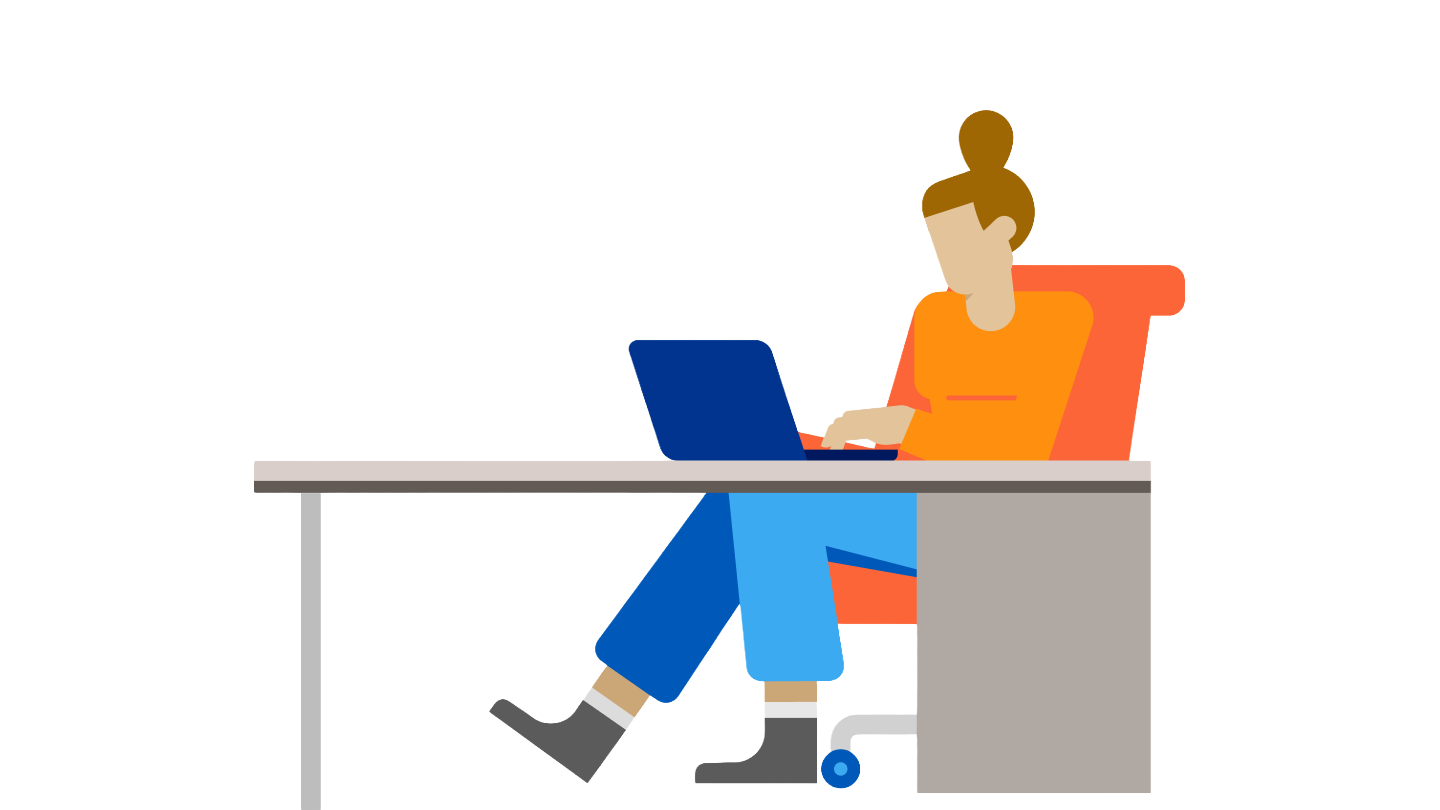 Illustration: Eine Frau sitzt an einem Schreibtisch und tippt auf einem Laptop.