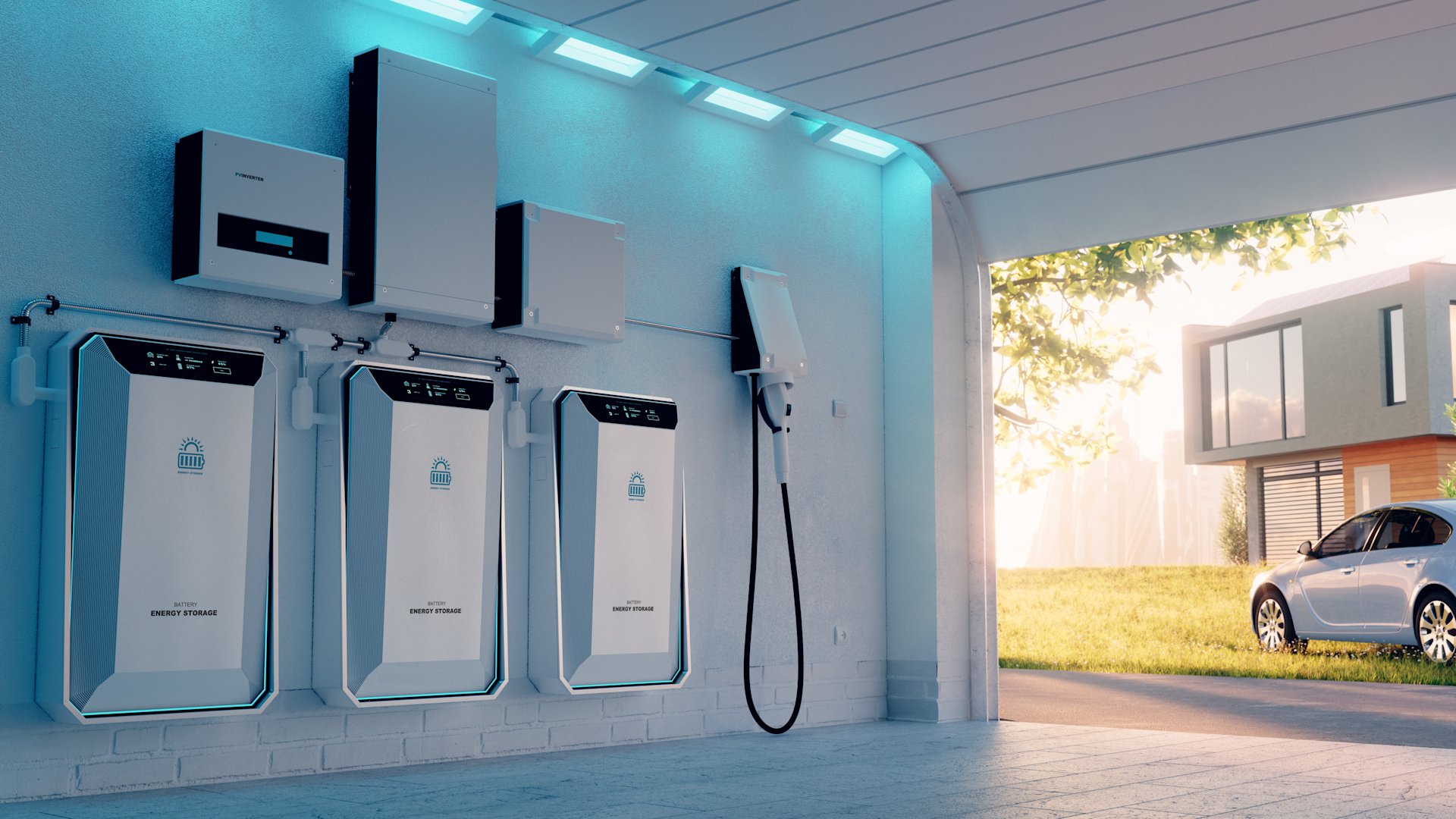 Heimanlage in Garage mit Energiespeichern und E-Autoladestation.
