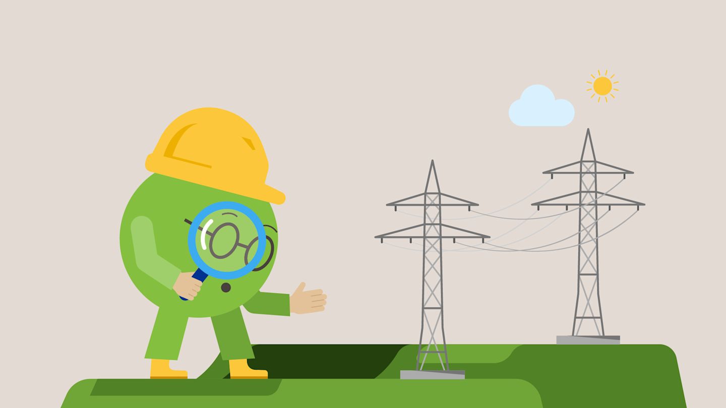 Der Energiewendelin, eine grüne Figur mit Helm und Brille, inspiziert einen Strommasten.