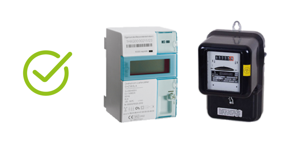 Abbildung zeigt einen Zähler in eHZ-Bauform und einen Ferraris-Zähler, links daneben einen grünen Haken