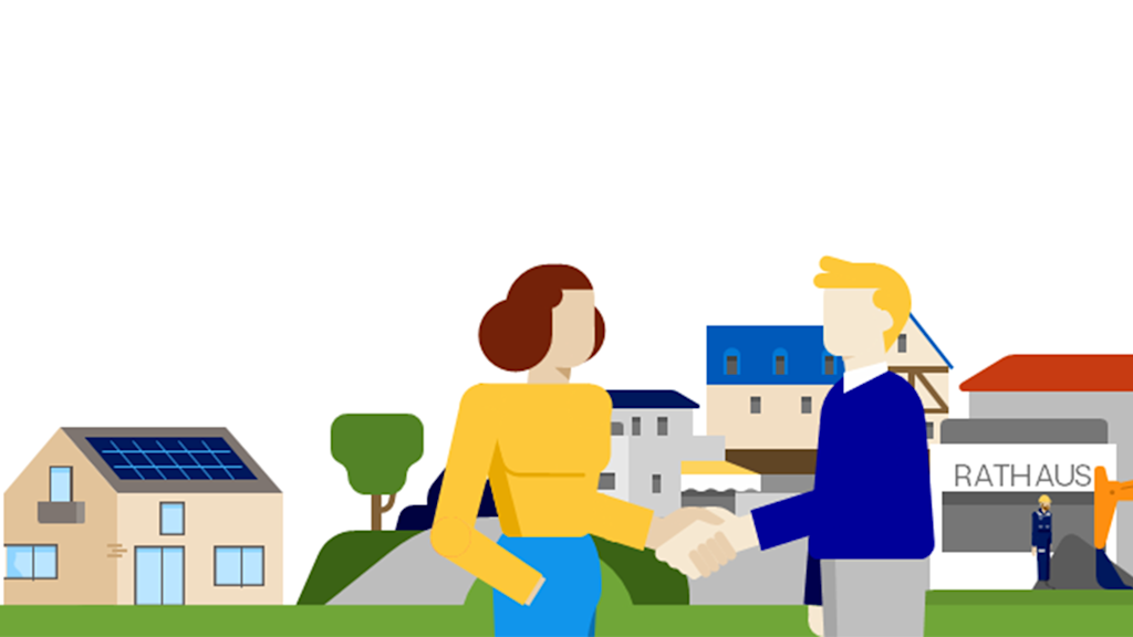 Personen in gelb und blau die vor einem Rathaus stehen und sich die Hand geben.